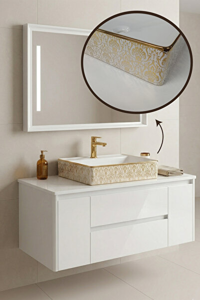 LUCCO Square 50 Cm Lavabo Altın Renk Desenli -
