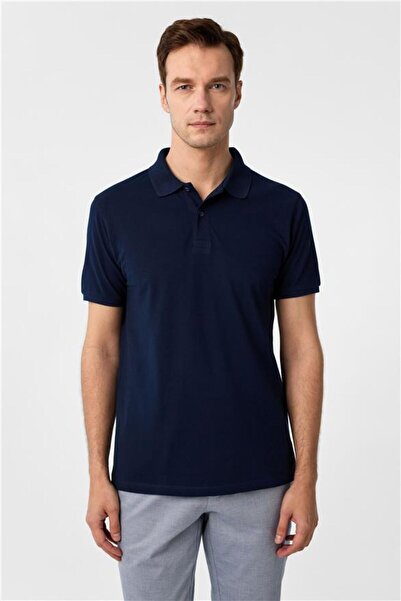 SÜVARİ Lacivert Slim Armürlü Polo Yaka Tişört