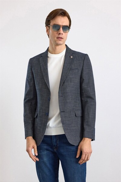 SÜVARİ Lacivert Slim Mono Yaka Düz Pike Torba Cep Yıkamalı 6 Drop Klasik Ceket