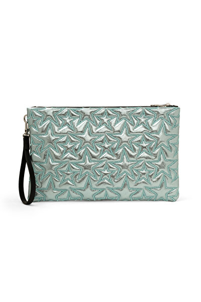 Ecrou Star Patterned Baby Blue Shiny Portfolio & Clutch Bag with Removable Wr...