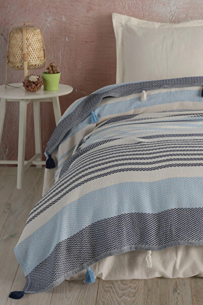 Lux Touch Mabel Blue Pătură dublă Pique 220 x 240 cm Bumbac cu pompon