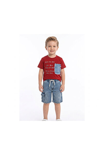 gülerçocuk Boy's Holiday Denim Shorts Set - Blue Black Brown Top with Front P...