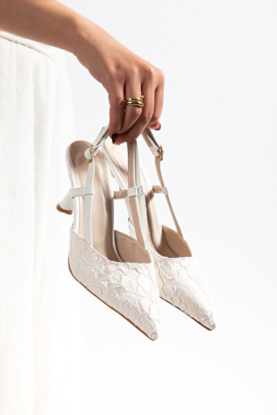 Entella Store Pantofi de damă Flora, ecru, cu toc și model din dantelă