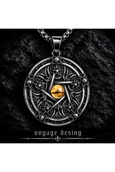 voyageaccessory Çift Taraflı Pentagram Desenli Sarı Cam Göz Detaylı Antik Pas...