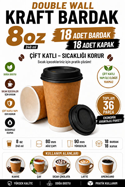 OPTİMEX 8 Oz Double Wall Kraft Karton Bardak 18 Adet Bardak 18 Siyah Kapak To...