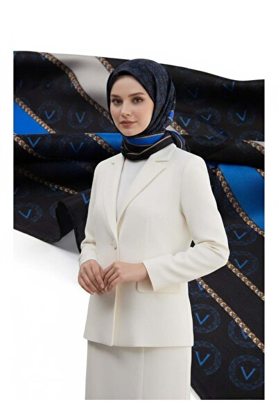 Vissona %100 İpek Monogram Desenli Siyah - Saks Renkli 92x210 Şal