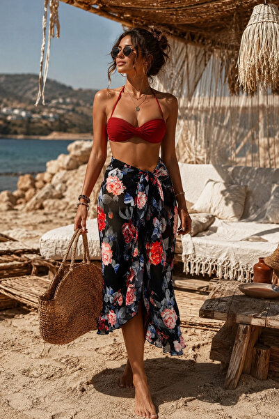 Bolder Ashley Siyah Kırmızı Çiçek Desen Fırfırlı Pareo