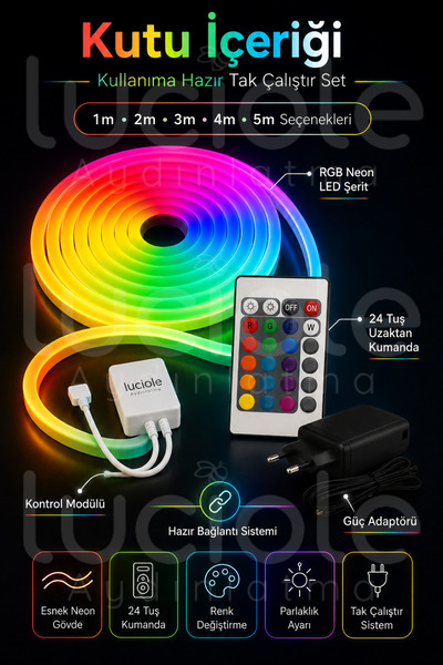 luciole 1 Metre RGB Neon Şerit Işık | AuraFlex Serisi | Esnek Yapılı Kumandalı Tak-Çalıştır LED Aydınlatma