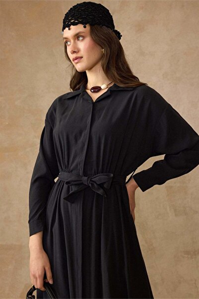 Olcay Drawstring Waist Button Closure Modal Dress Black 9452-E