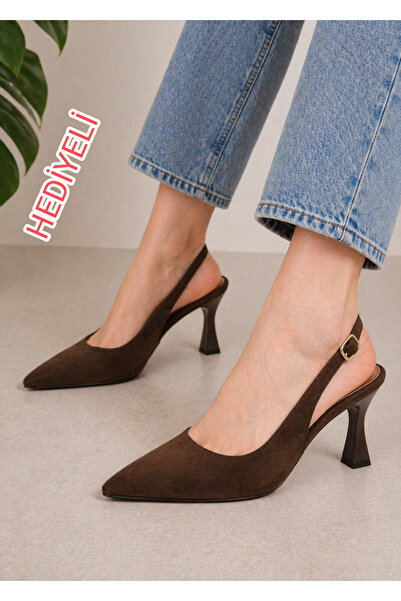 oliviashoes KADIN KAHVE SÜET İNCE 9CM TOPUKLU YANDAN TOKALI SİVRİ BURUN AYAKKABI