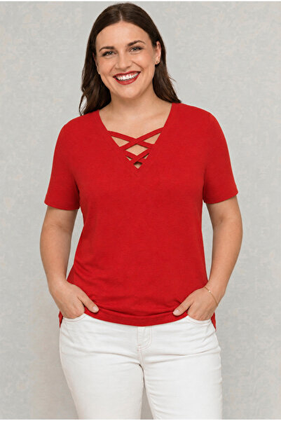 Curvy Trend Plus Size V-Neck Cross-Banded Short Sleeve Blouse