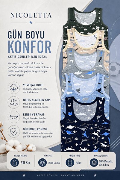 Tom John Erkek Çocuk Atlet Geniş Askılı Dinazor Baskılı Pamuklu Likralı Tişört