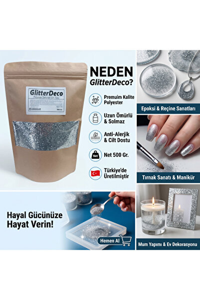 CANERLER 500 Gr GÜMÜŞ GLİTTER | 1mm | Dekorati Toz Sim Mum Epoksi Boya Kolony...