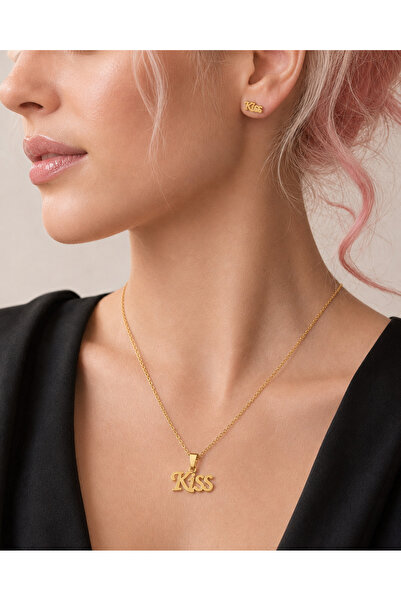 OEM "Kiss" message necklace and earrings set, 18K gold plated