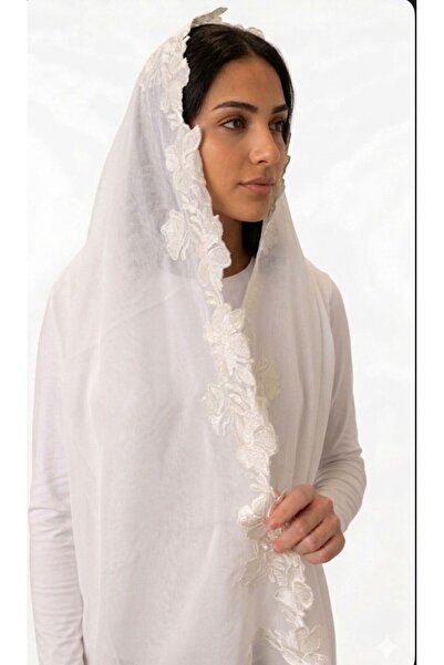 Veil Designer Japanese Nasaime Wadabi White Rose Embroidery Veil on Three Sid...
