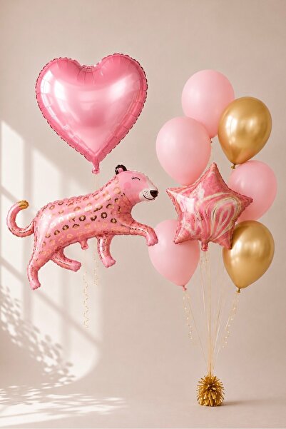 Kız Çocuk Rakam Balonlu Pembe Leopar Yıldız Tema Doğum Günü Konsept Balon Seti