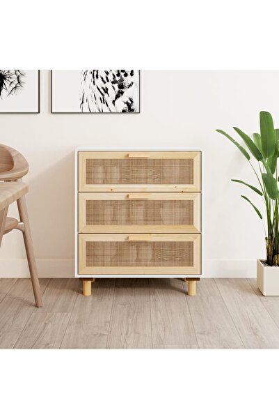 Concept Sideboard, white, 60x30x70 cm, solid pine wood and rattan