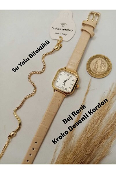 Brality Retro Vintage Model... Square Number Design Beige Color Strap, Gold C...