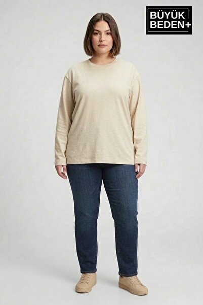 Süperlife Women's Large Size Long Sleeve 2 Thread Crew Neck T-Shirt Spr25Btsk942
