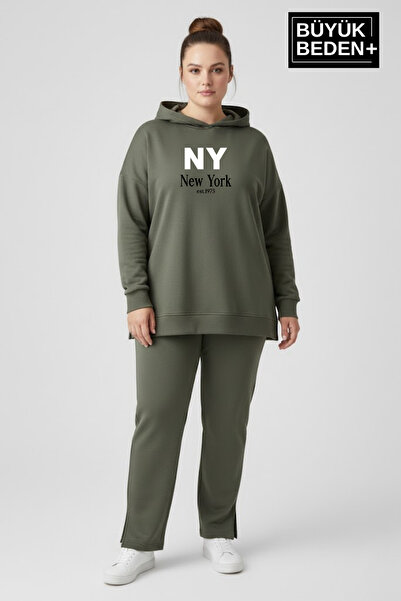 Süperlife سويت شيرت نحيف بقلنسوة مطبوع عليه NY New York مقاس كبير SPR26BTK991-1