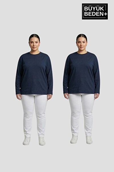 Süperlife Women's Plus Size 2-Piece Set Long Sleeve 2 Thread Crew Neck T-Shir...
