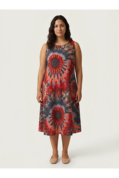 STORi Women's Plus Size Midi Dress Sleeveless Viscose Mandala Patterned Red