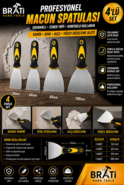 BRATİ HAND TOOLS Profesyonel Macun Spatulası Dayanıklı Esnek Yapı Tamir Sıva ...