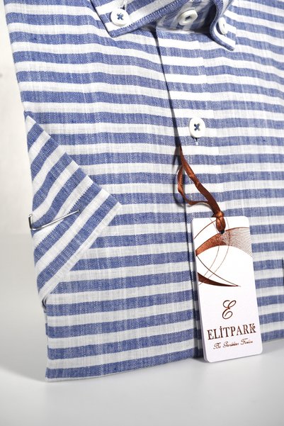 elitpark Side Striped Dark Blue Short Sleeve Cotton Pocket Comfortable Fit Premium Men's Shirt