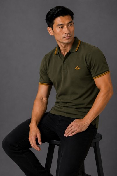 Mesh Men's Khaki Polo Collar T-Shirt 100% Cotton Pique Fabric Regular Fit Mustard Striped Short Sleeve Mountain Embroidery