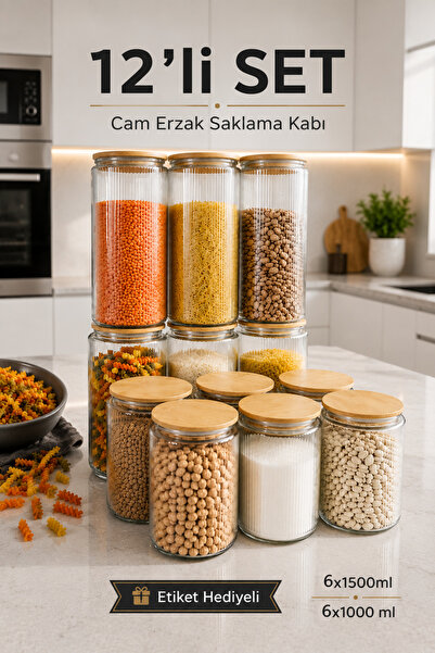 Lizzy 12'li Vakum Kapaklı Cam Kavanoz Erzak Kabı + 111 Adet Etiket
