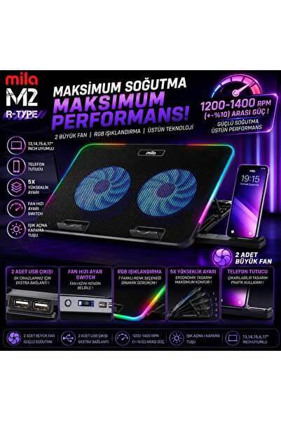 Mila Classone Mila Serisi M2 R-TYPE RGB Işıklı, 2 Büyük Fan, Telefon Standı,2...
