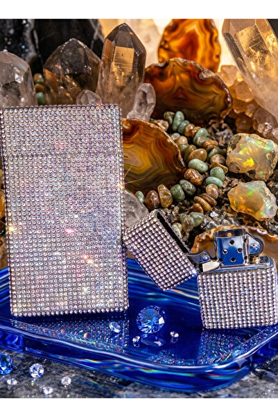 NESGIFT Gümüş Taşlı Slim (İNCE) Uzun Sigara Kutusu Ve Zippo Çakmak Seti