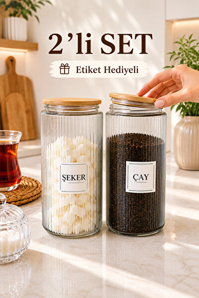 Lizzy 2'lİ Ahşap VAKUMLU Kapaklı ÇAY ŞEKER Kavanozu Cam 1400 ML
