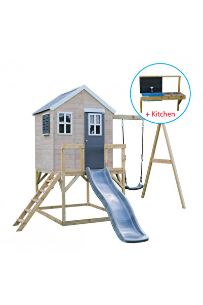 Wendi Toys Casuta de gradina Grey Lodge cu tobogan, leagan si bucatarie,