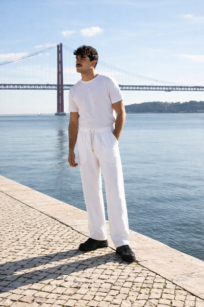 DAMGA JEANS Pantaloni de in albi pentru bărbați, cu talie elastică, tip jogger