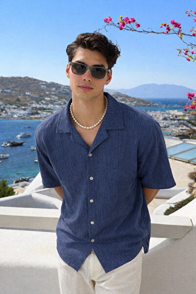 DAMGA JEANS Erkek Yazlık Kısa Kollu Lacivert Keten Gömlek