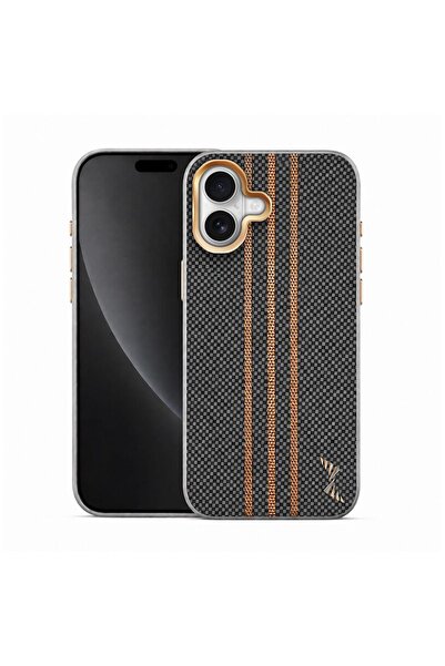 Zebana Apple iPhone 16 Uyumlu Kılıf Goldrix Karbon Fiber M-Safe Kılıf Gri