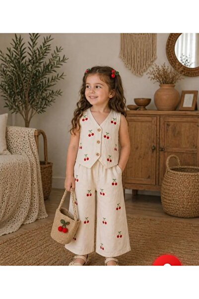 Butik Kiraz Desenli Keten 2 Li Kız Çocuk Takım