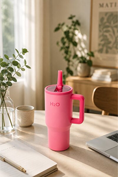 H2O Termos Kupa Bardak Pipetli Paslanmaz Çelik 600 ml | Pembe