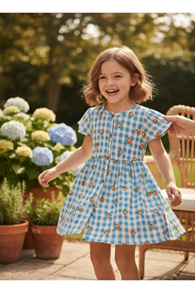 Pufiko Kids فستان بناتي منقوش باللون الأزرق والأبيض