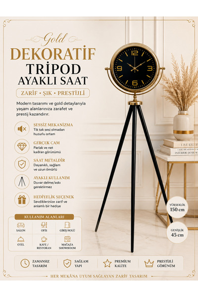 ZENTİME Gold Dekoratif Tasarım Tripod Ayaklı Saat