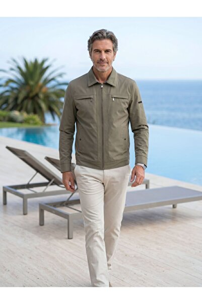 Çizgi Triko Men's Plus Size Polo Collar Lined Seasonal Khaki Coat - A00001