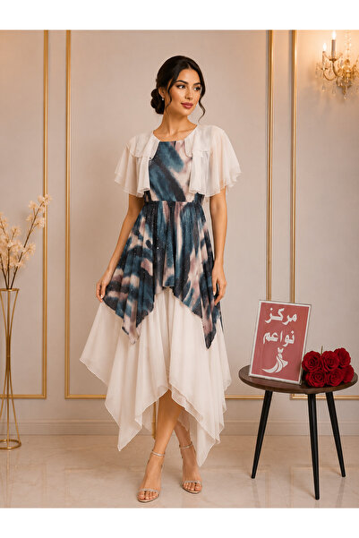 NAWAEIM Color Block Patchwork Chiffon Midi Dress with Short Shawl Jacket and ...