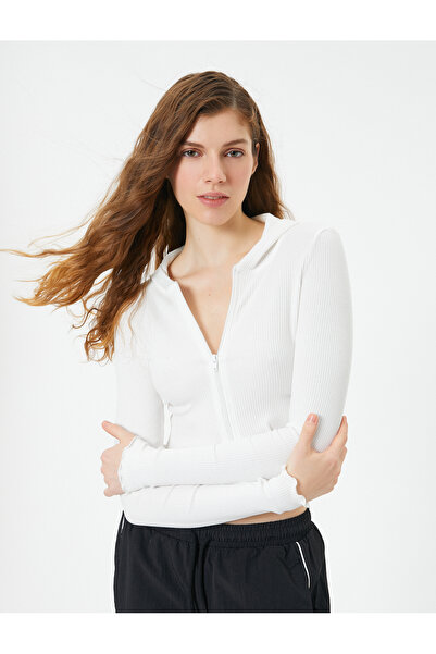 Koton Crop Kapüşonlu Hırka Fermuarlı Uzun Kollu Slim Fit Kaşkorse