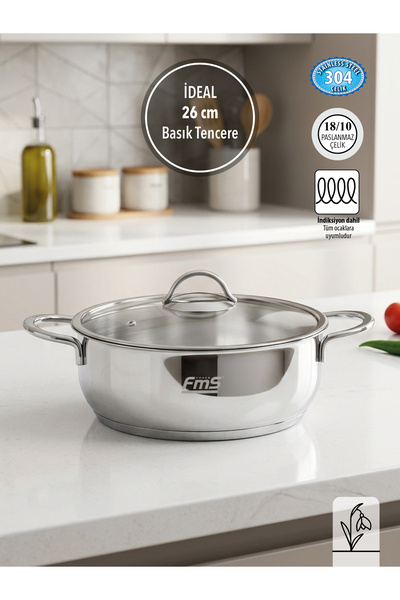 FMS 26 Cm İdeal Çelik Basık Tencere Metal | 4.80 L | 18/10 Paslanmaz | İndüks...