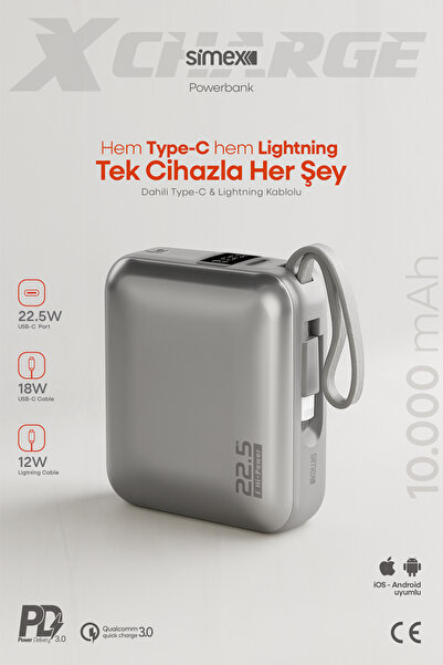 Simex 10.000 mAh 22.5W Hızlı Şarj PD Powerbank Kendinden Kablolu ve Dijital G...