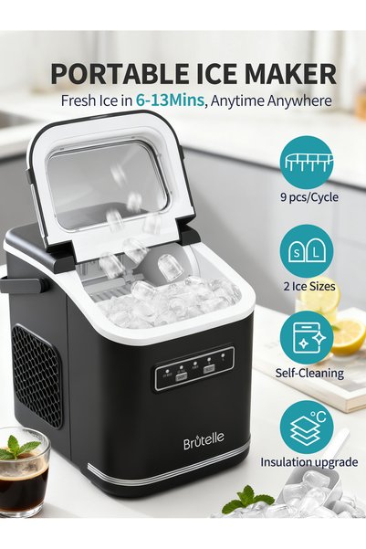 Brutelle Ice Maker Portable Ice Machine 9 Cubes in 6 Mins 2 Sizes 12KG/24h 1.3L Tank for Home Party Camping