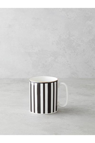 English Home Stripy White Bone Porselen Kupa 290 ml Siyah-Beyaz-Gold