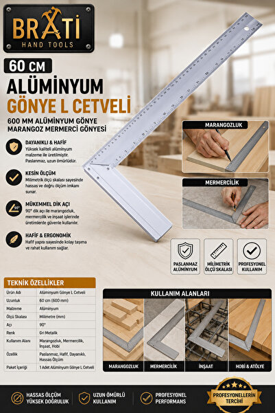 BRATİ HAND TOOLS 60 Cm Alüminyum Gönye L cetveli 600 Mm Alüminyum Gönye Maran...