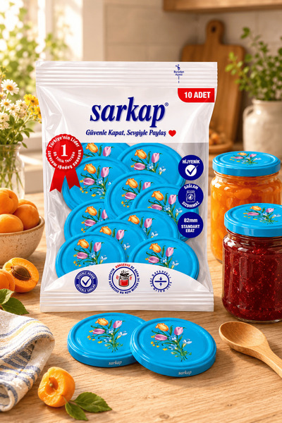 Sarkap Hijyenik Paketli 10 Adet Kavanoz Kapağı – Mavi Çiçekli - 82mm